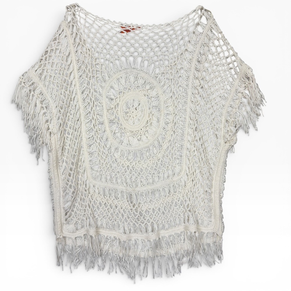 Crochet Macrame Poncho Top Cover Up Large Cream Fringe Boho Hippie Open Knit - Picture 2 of 9